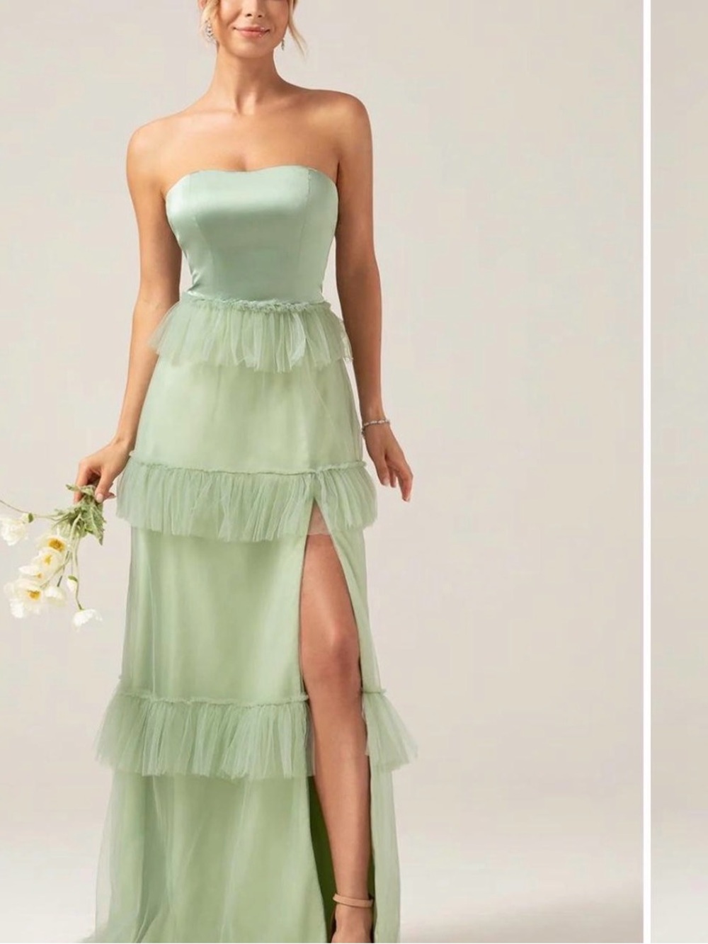 Strapless Sage Green Tulle Tiered Evening Dress